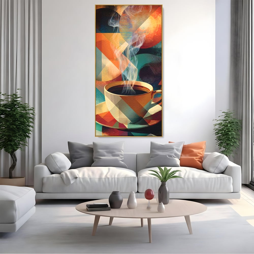 Tablou canvas cu ilustratie abstracta cu ceasca de cafea, in rama de aluminiu auriu, pe perete intr-un living